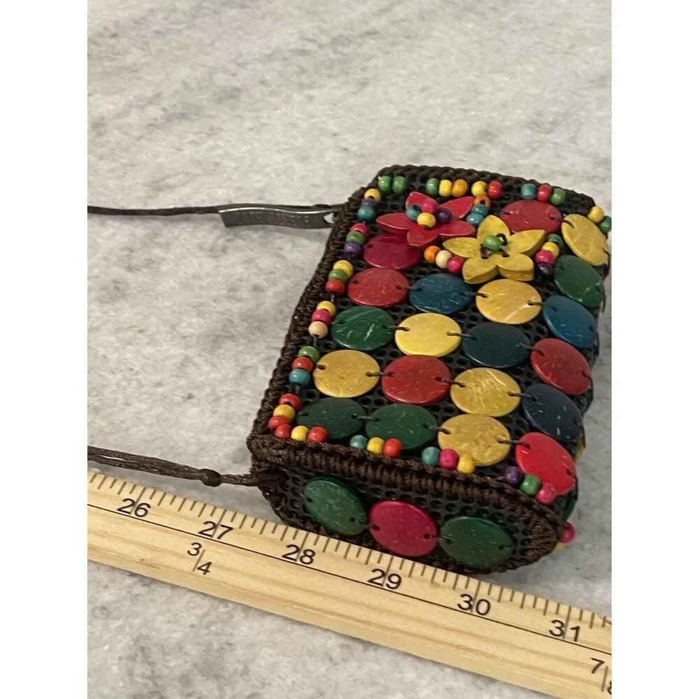 Beaded Crossbody Bag Womens Mini Multicolor Wood‎ Disc Puerto Rico Boho Flower